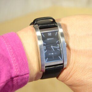 DKNY Women's Tank Watch ⌚ Silver Tone 🖤 Black Leather Band | New Battery 🔋
